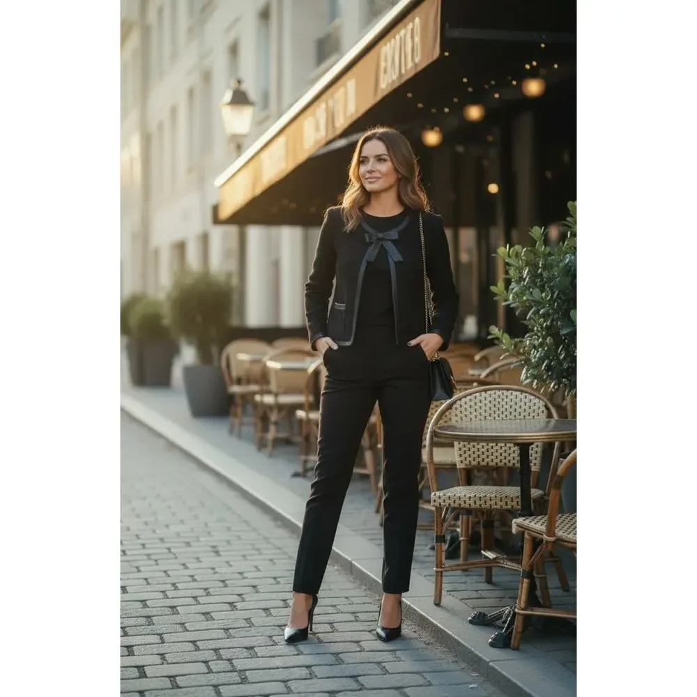 Chanel 2003 Lambskin Leather Bow Cropped Jacket Black Size 42